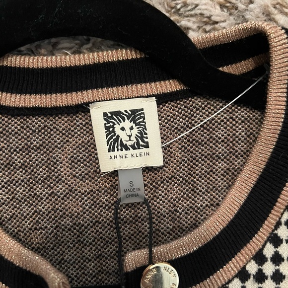 Anne Klein Black, White & Tan Geometric Knit Cardigan with Gold Buttons - Picture 3 of 3